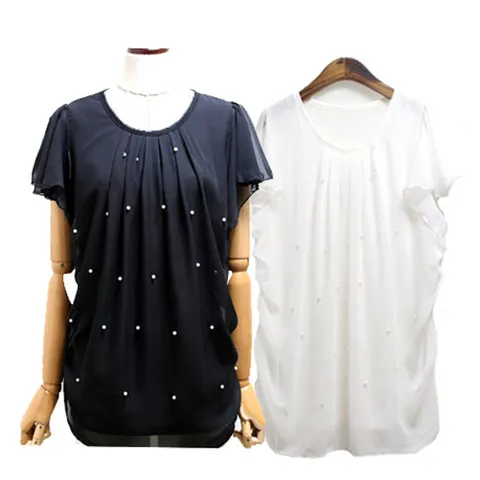 [해피통통] 빅사이즈 쉬폰 이중 반팔 블라우스 여성 여름 정장 오피스옷 미시 하객 여름용 쉬폰블라우스 여성의류