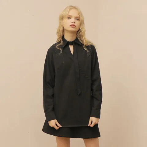 [와드로브] 벨트 칼라 코튼 블라우스_블랙