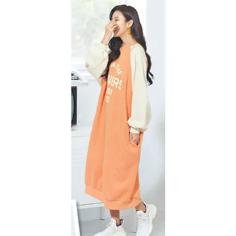이츠 레터링 나그랑 배색 기모 원피스