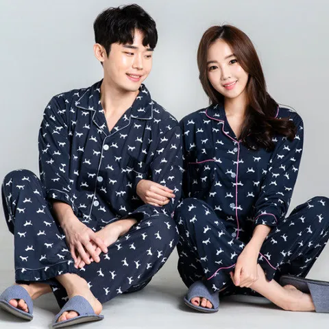 이라인 테리어 카라상하 긴팔 여성잠옷 강아지패턴 파자마