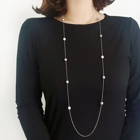 [바이진주리본] 스톤 진주 믹스 롱체인 목걸이