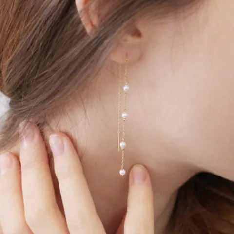 14K 롱 진주 체인 드롭 귀걸이 골드