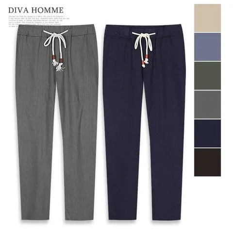 [디바옴므][디바옴므]린넨 장식 밴딩 팬츠