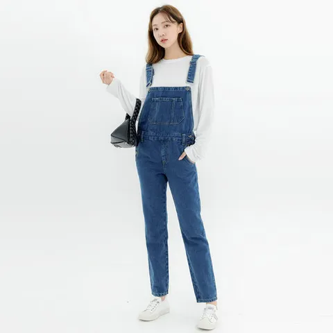 프리티아라 PT3020 진청 오버롤 멜빵 청바지 일자팬츠