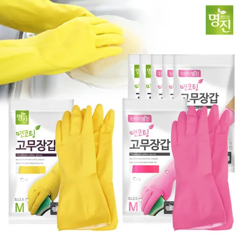 명진 면코팅 고무장갑 (M) 5개 (옐로우/핑크)