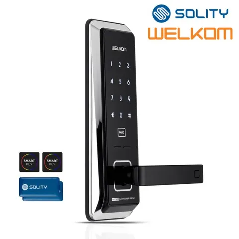 솔리티 웰콤 디지털도어락 무타공 WST500 카드키4개+번호키 0초즉시잠금 내부이중잠금 생활방수 전기충격무력화 스마트라이팅 허수기능 현관문도어락 주키형 도어록