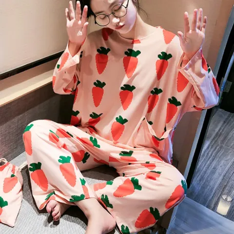 당근당근 핑크 여성 긴팔 잠옷 파자마 파우치 세트 여자 홈웨어