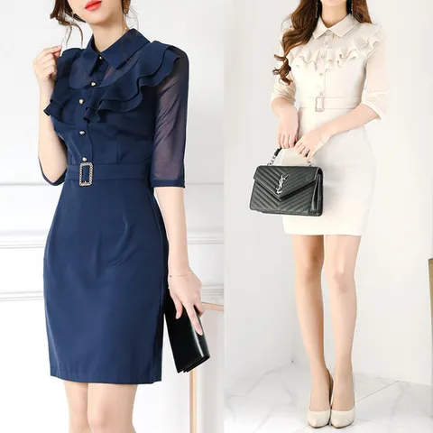 카라 프릴 시스루 허리벨트포인트 미디원피스_OPS2418