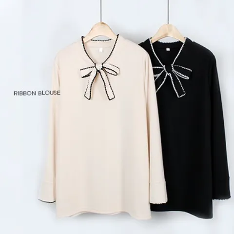 [해피통통] 빅사이즈 리본자수 블라우스 티 여성 정장 니트 긴팔티 여성의류
