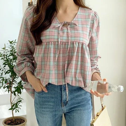 [미씨엘라] 루빙 체크 블라우스