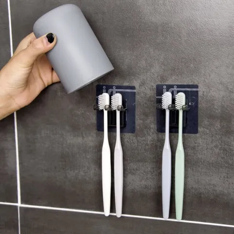 매직접착 칫솔 컵걸이 / 욕실용품 칫솔꽂이 올인원 양치걸이