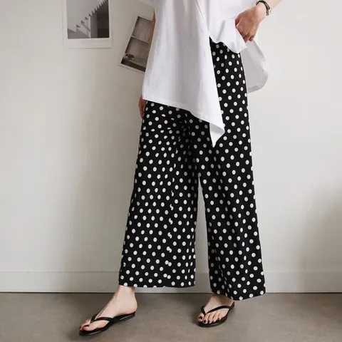 [하늘바라기]도트 통 옆트임 밴딩 팬츠