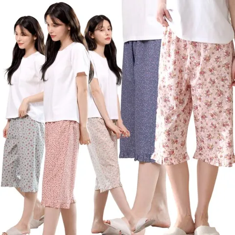 마누아 여성 고밀도 순면 플라워 7부 얇은 여름 파자마/잠옷바지