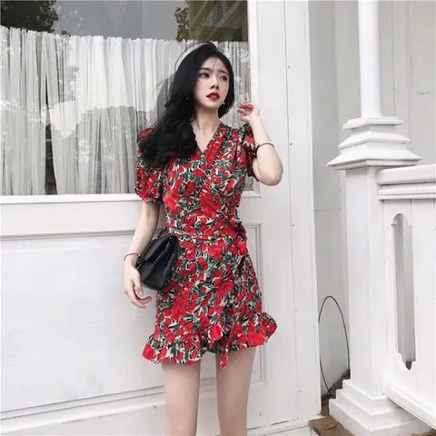 레이스 브이넥 허리끈 플라워 퍼프 쉬폰 플레어 원피스