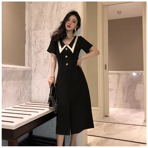 투웨이 리본 칼라넥 페미닌 슬림 슬리밍 쉬폰 플레어 러플 롱 셔츠 원피스