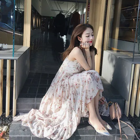 여름 나시 뷔스티에 플라워 티어드 오픈숄더 쉬폰 롱 원피스