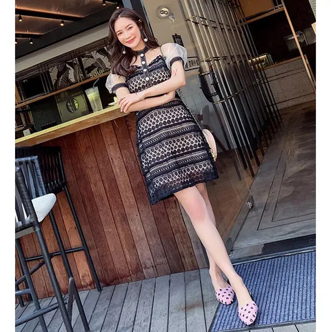 여름 시스루 레이스 아일렛 홀더넥 트임 펀칭 러블리 햅번 하객 오피스 데일리 미니 원피스