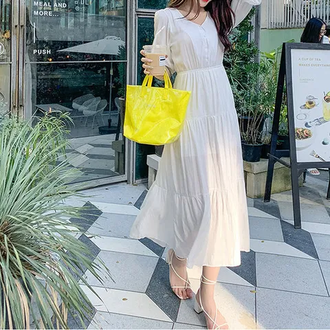 [특가] 오브제 브이넥 버튼 캉캉 쉬폰 롱원피스