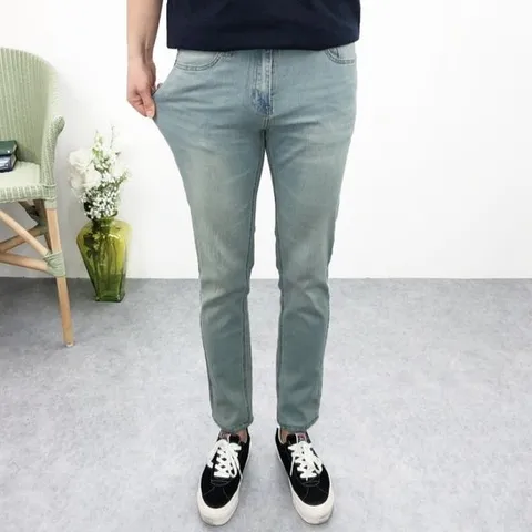 [엠클로]남자 빅사이즈 슬림핏 연청 스판 무지 봄 여름 데님 청