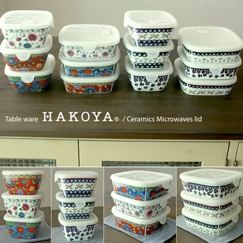 하코야 도자기 사각찬통(전자렌지용 뚜껑포함)/일본풍 북유럽풍