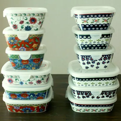 하코야 도자기 사각찬통(전자렌지용 뚜껑포함)/일본풍 북유럽풍