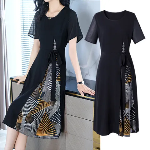 [유니제이] 리나 패턴 플레어 시스루 원피스