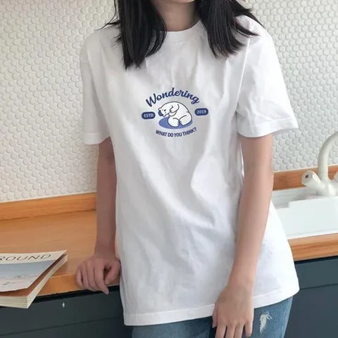 [험블] 원더링 레터링 루즈핏 여성 면 반팔 티셔츠 화이트