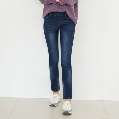 [진마니아]블루 허리밴딩 본딩기모 슬림핏 일자 데님