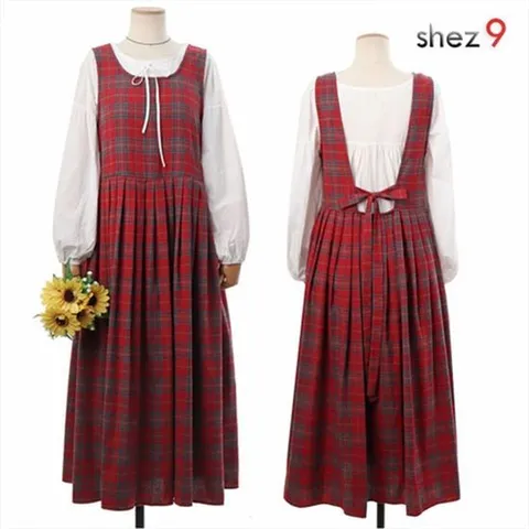 [쉬즈나인]레티 뒷리본 체크 주름 원피스