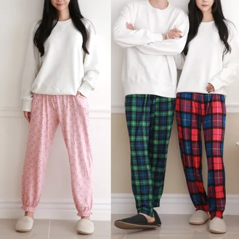 커플 잠옷 여성 피치기모 팬츠 잠옷 체크 파자마 일자바지 홈웨