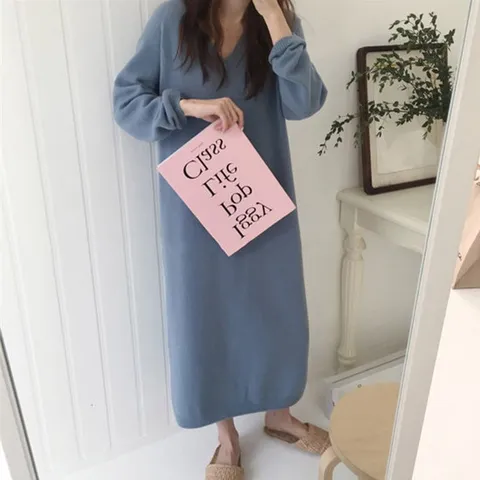 여자 간절기 데일리 브이넥 루즈핏 니트 롱 원피스