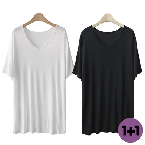 여성용 2장브이넥스판 티셔츠 빅사이즈 스판소재 브이넥 반팔