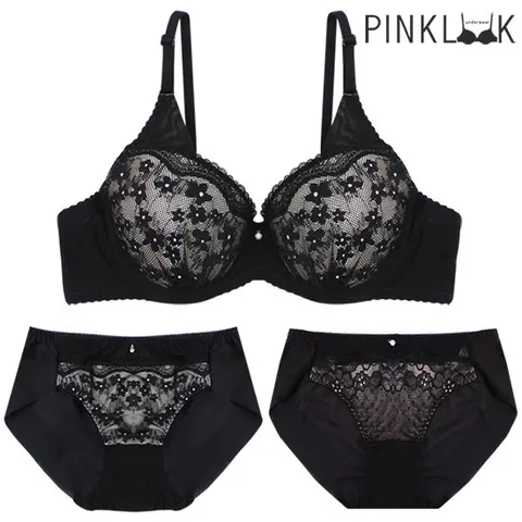 [핑크룩] 워너비롤 볼륨 레이스 브라팬티 3종세트/블랙