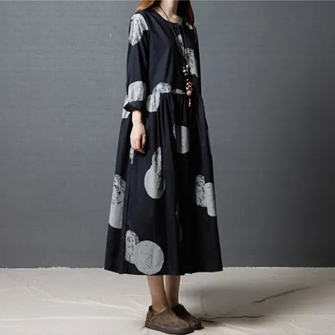 빅사이즈 프린팅 도트 셔링 긴팔 A라인 모던 롱원피스