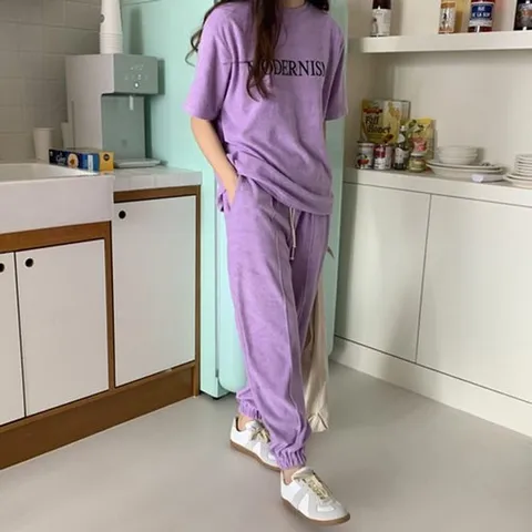 여자 면바지 허리 고무줄 밴딩 추리링 퍼플 조거 팬츠