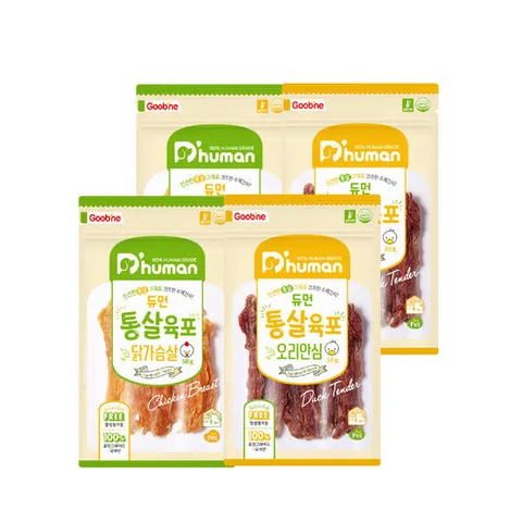 [듀먼] 통살육포 2종 4팩 (닭가슴살2, 오리안심2) / 국내산 간식