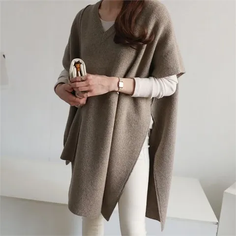 [하늘바라기]코지 브이 울 케이프 니트/케이프망토/울브이넥니트