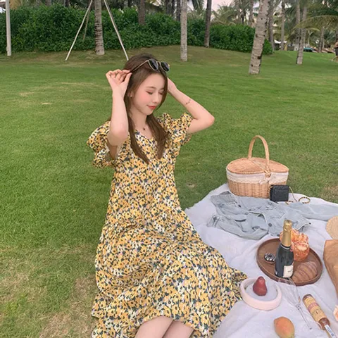 [유니제이] 더빈 플라워 퍼프소매 원피스
