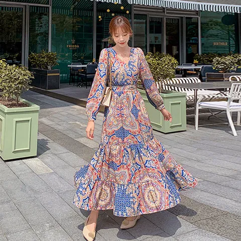 [유니제이] 넬링 브이넥 에스닉 프릴 롱 원피스