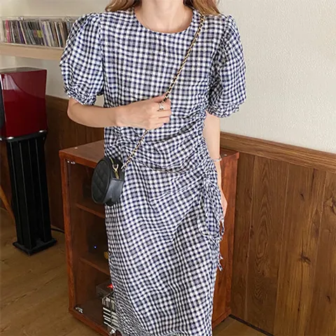 [유니제이] 플리네 체크 퍼프 셔링 원피스