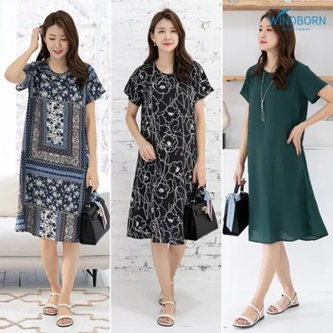 [~2XL] 인견 시원한 폴라 패턴/솔리드 반팔원피스 17종 택1