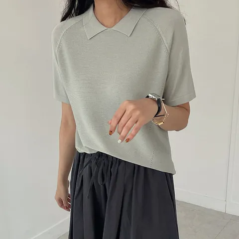 [어반프랑] 그랑 플랫 카라 비스코스 루즈핏 반팔 니트