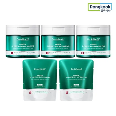 [5%적립] 동국제약 센텔리안24 마데카 더블 타이트닝 앰플 패드 60매 3개+리필 60매 2개 미백 주름개선 기능성 피부모공탄력케어 리프팅 특수 브러쉬 패드 비건 TECA 병풀