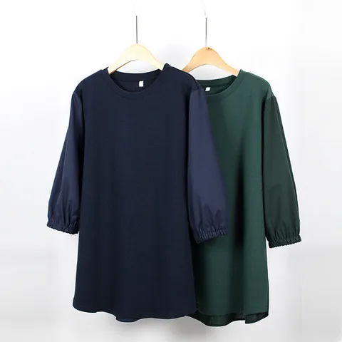 [해피통통] 빅사이즈 무지배색 7부소매티 남방 레이어드 티셔츠 여성의류