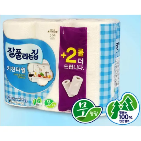 잘풀리는집 키친 타월 블루 130매 6롤 세트 타올 천연 펄프