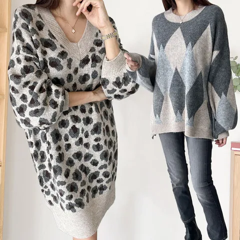 니트 스웨터 오버핏 빅사이즈 언발 골지 아가힐 호피 2종