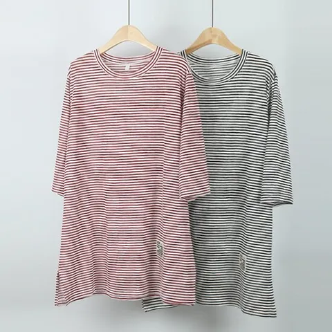 [해피통통] 빅사이즈 줄지 슬라브 반팔티 캐주얼한 여성 단가라 여름용 티셔츠 스트라이프 쿨한 롱티 여성의류