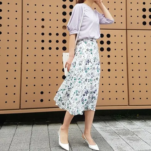 쉬폰 스커트 여름 플라워 나염 롱치마 흰색 패턴 플레어 A라인