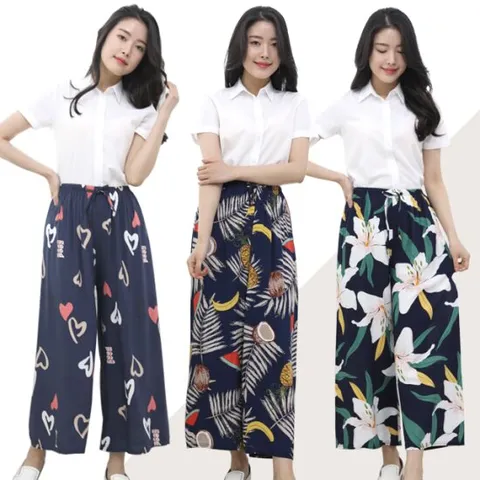 2종세트 여성 플라워 패턴 와이드 팬츠 시원한 여름 통바지 밴딩