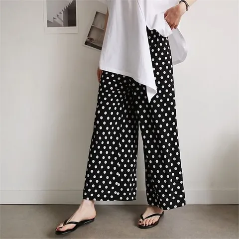 [하늘바라기]도트 통 옆트임 밴딩 팬츠/땡땡이바지/와이드팬츠